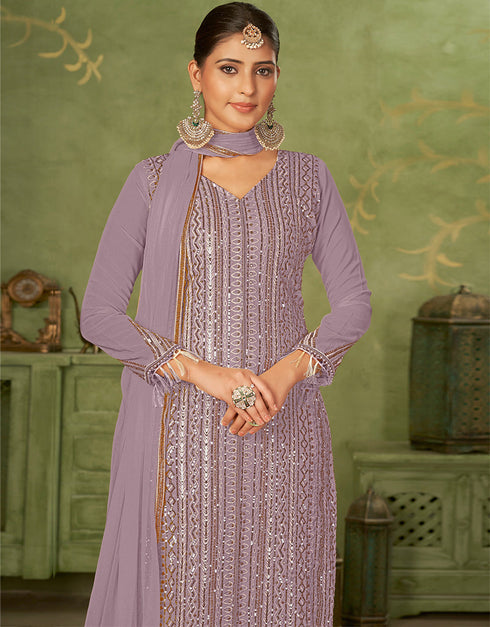 fashionable purple georgette trendy fashioner pakistani trouser salwar suit collection with purple santoon rt9034-185377 Back View